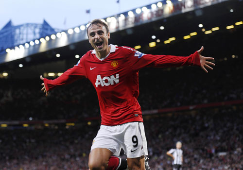 Dimitar Berbatov celebrates scoring the first goal for Manchester United